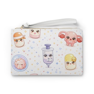 May include: White clutch with a wrist strap and gold zipper. The clutch features a repeating pattern of cute, cartoon-style medical-themed illustrations, including pills, a syringe, and a uterus, with a scattering of stars and hearts.