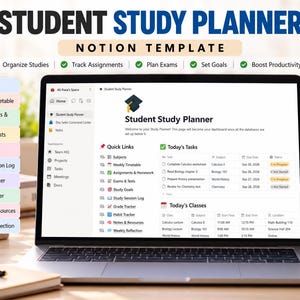 May include: A laptop screen displaying a Student Study Planner Notion template with sections for subjects, weekly timetables, assignments, exams, study goals, and grade tracking. The interface includes quick links and task lists.