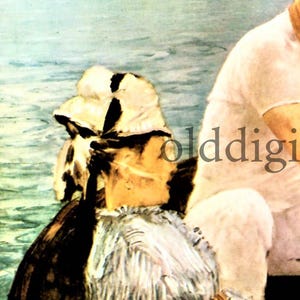 May include: An impressionist painting depicting figures on a boat. The artwork features a person wearing a straw hat and white clothing. The scene is set against a backdrop of water and a light blue sky, with the word "olddigi" partially visible.