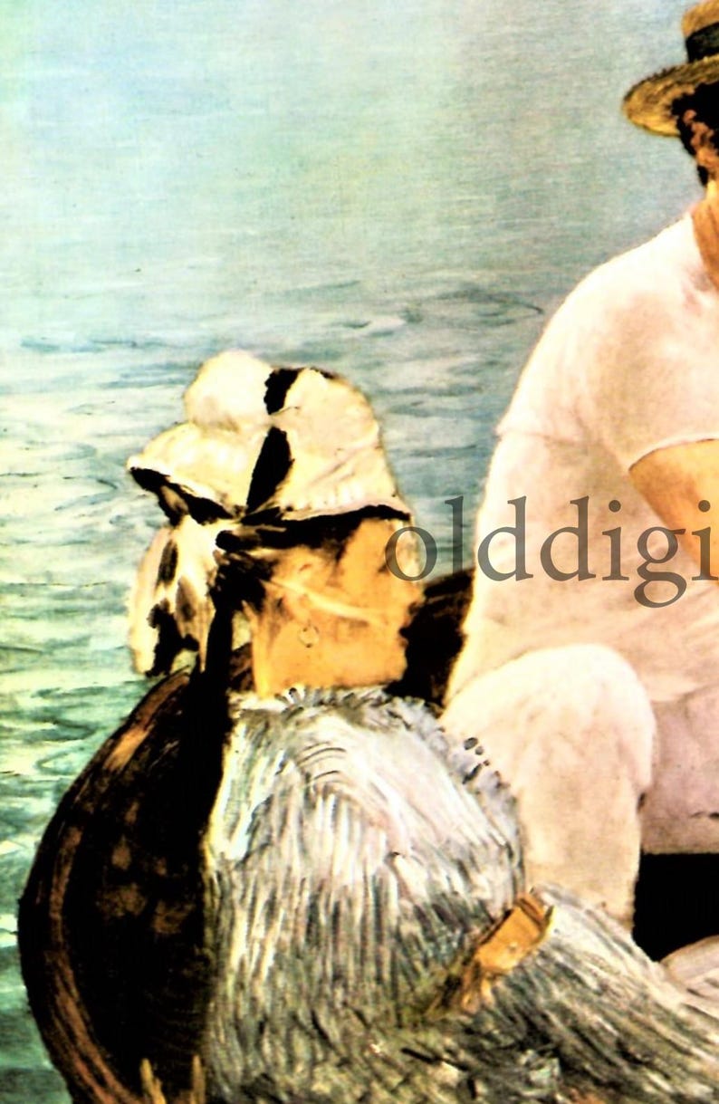 May include: An impressionist painting depicting figures on a boat. The artwork features a person wearing a straw hat and white clothing. The scene is set against a backdrop of water and a light blue sky, with the word "olddigi" partially visible.
