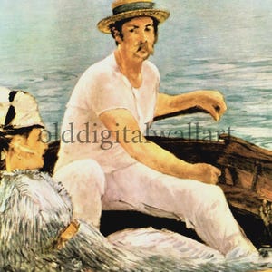 May include: An impressionistic painting depicts two people in a wooden rowboat on water. One person, wearing a straw hat and white clothing, appears to be rowing. The other person, wearing a hat and a light-colored dress, is seated. The water is a mix of blues and greens.