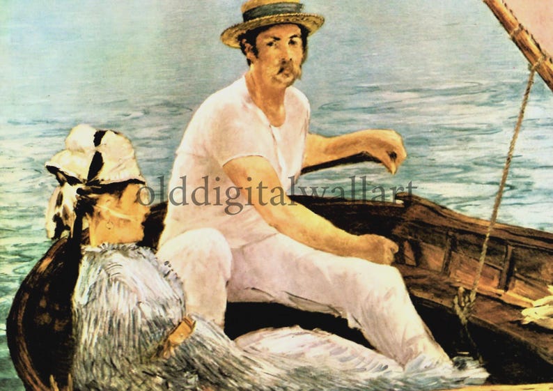 May include: An impressionistic painting depicts two people in a wooden rowboat on water. One person, wearing a straw hat and white clothing, appears to be rowing. The other person, wearing a hat and a light-colored dress, is seated. The water is a mix of blues and greens.