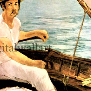 May include: An impressionistic painting of a man in a straw hat and white clothing rowing a boat on a body of water. The man is holding an oar and looking forward. The boat is brown, and the water is blue.