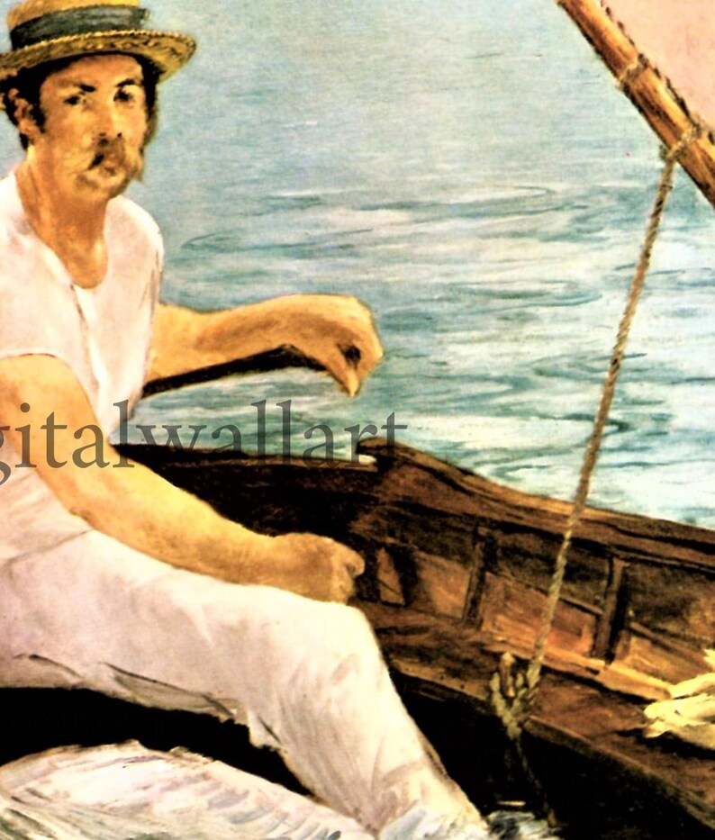 May include: An impressionistic painting of a man in a straw hat and white clothing rowing a boat on a body of water. The man is holding an oar and looking forward. The boat is brown, and the water is blue.