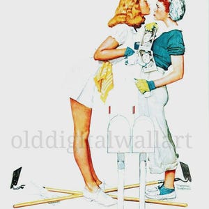 May include: A vintage illustration titled "Confrontation" depicts two women facing each other near mailboxes. One woman wears a white dress and the other a teal top. The image has a retro aesthetic.