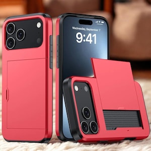 May include: Red and black phone cases with a built-in card holder and kickstand. The phone displays the date and time: Wednesday, September 7, 9:41.