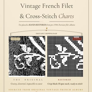 May include: A digital document titled Vintage French Filet & Cross-Stitch Charts featuring ten hand-restored plates from pre-1930s albums. It displays a comparison between a grainy original image and a crisp, restored grid pattern for stitching.