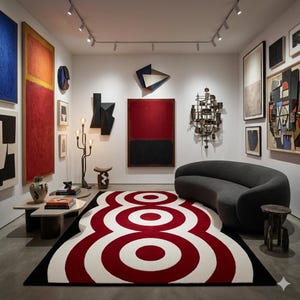 Mid-Century Modern Concentric Ring Area Rug | Red, White & Black Geometric Rug for Living Room, Modern Home Decor, Abstract Pattern