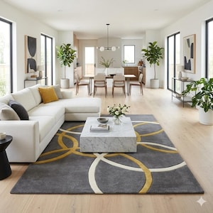 Modern Gray Geometric Circle Area Rug | Contemporary Abstract Living Room Carpet