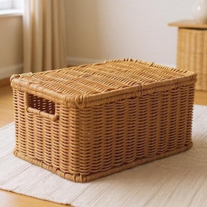 Puede incluir: Una cesta de almacenamiento rectangular de mimbre tejido con tapa. La cesta es de color marrón claro y tiene un asa en cada lado corto. El tejido es apretado y uniforme, creando una superficie texturizada.