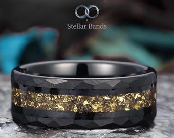 Anillo de tungsteno negro martillado con incrustaciones de citrino para hombre de 8 mm