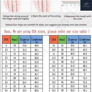 Puede incluir: Imagen con instrucciones para medir el tama&ntilde;o del dedo para anillos. Incluye una tabla de tallas con medidas de EE. UU., Brasil, di&aacute;metro (mm) y circunferencia (mm). El texto aconseja usar tallas de EE. UU.