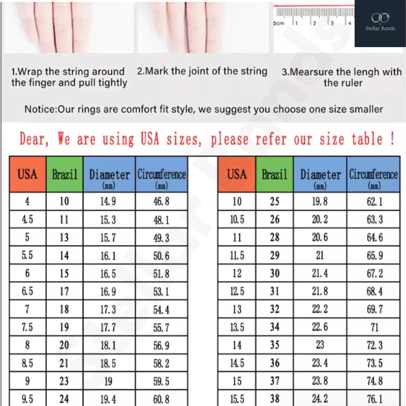 Puede incluir: Imagen con instrucciones para medir el tama&ntilde;o del dedo para anillos. Incluye una tabla de tallas con medidas de EE. UU., Brasil, di&aacute;metro (mm) y circunferencia (mm). El texto aconseja usar tallas de EE. UU.