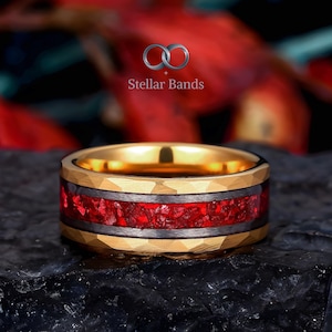 Hammered Ruby Yellow Gold Tungsten Wedding Band, 8mm Men's Engagement Ring