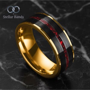 8 mm guldfärgad svart volfram vigselring, krossad rubininläggning, armband med borstad finish