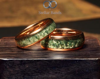 Anillo de ágata musgosa, anillo de bodas de tungsteno pulido en oro rosa de 8 mm, 6 mm y 4 mm.