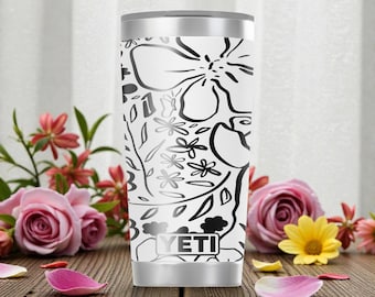 YETI Rambler isolerad rostfri stålmugg med djärv blommig gravyr och MagSlider-lock – 20oz – Modern blomsterdesign present