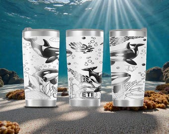 Gravierter Orca YETI Rambler Edelstahlbecher mit MagSlider Deckel - 20 Unzen - Killerwal Ocean Cup - Sea Life Geschenk