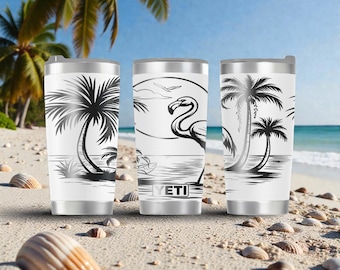 Beach Flamingo gravierte YETI Rambler Edelstahlbecher mit MagSlider Deckel - 20 Unzen Tropical Palm Cup