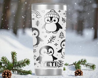 Vaso térmico de acero inoxidable YETI Rambler con pingüino grabado y tapa MagSlider de 20 oz. Bonito vaso invernal con pingüino. Regalo acogedor para el frío.