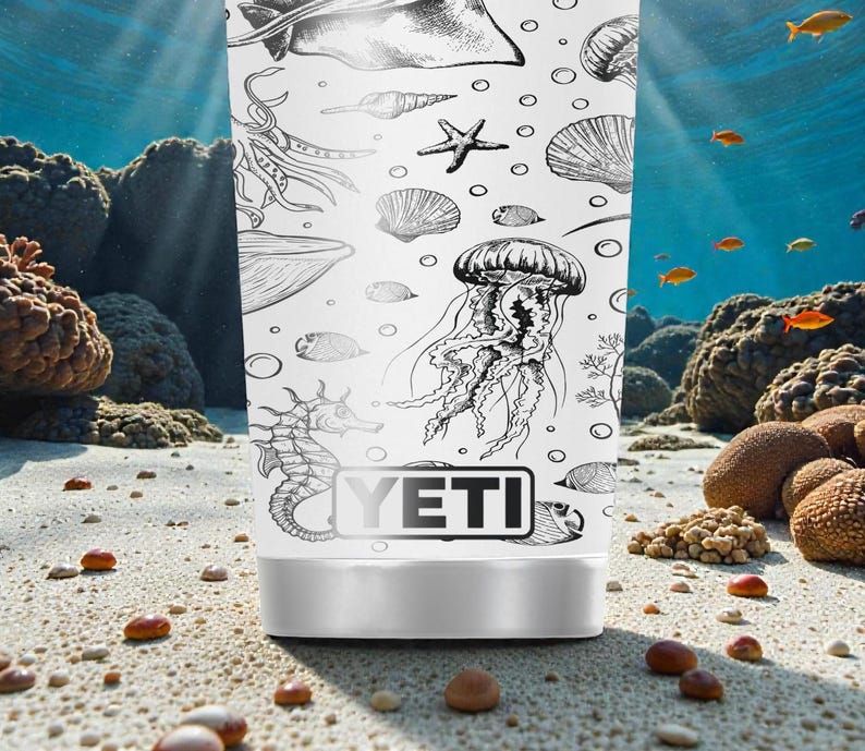 Gravierter Ocean Life YETI Rambler Edelstahlbecher mit MagSlider-Deckel - 20 Unzen - Sea Creatures Cup - Küstengeschenk Bild 7
