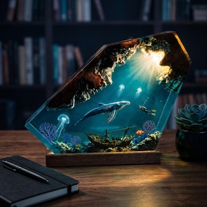 May include: A trapezoidal resin lamp featuring an underwater scene with a whale, a scuba diver, a jellyfish, and a shipwreck. The piece is illuminated from within, casting a bright light from the top corner, and sits on a wooden base.