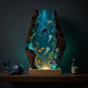 May include: A hexagonal resin and wood lamp featuring an underwater scene with a scuba diver, a sea turtle, two jellyfish, and two orange clownfish. The piece is illuminated from below, casting a blue glow through the resin and coral structures.