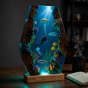 Könnte beinhalten: Eine sechseckige Harzlampe mit einem Tiefsee-Diorama, das einen Taucher, eine Meeresschildkröte, einen Hai, einen Rochen und eine Qualle zeigt. Die Szene ist von strukturierten Holzkanten umrahmt und wird von unten beleuchtet, was einen Unterwassereffekt erzeugt.