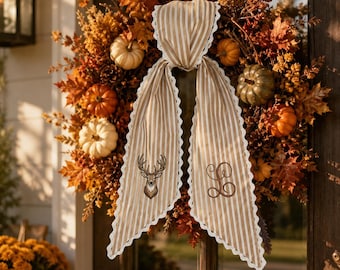 Embroidered Monogram Wreath Sash, Personalized Fall Door Decor, Custom Initial Bow, Autumn Front Door Hanger, Farmhouse Gift