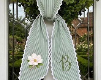Custom Embroidery Magnolia Wreath Sash, Floral Ticking Stripe Ribbon Bow Front Porch Decor, Personalize Monogram Bow Wedding Decor