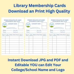 May include: Three library membership cards with a blue and white design. Each card includes fields for name, class, and book details. The text "Library Membership Cards" and "Download and Print High Quality" are at the top.