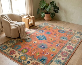 Hand Knotted Floral Oushak Rug Terracotta Vintage Style Area Rug Boho Home Decor