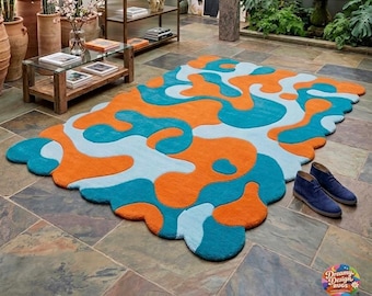 Abstract Irregular Area Rug, Modern Wavy Carpet, Teal Orange Boho Floor Rug