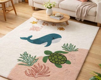Handmade Tufted Kids Rug | Ocean Whale & Turtle Nursery Decor