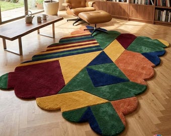 Abstract Geometric Irregular Rug: Colorful Modern Tufted Living Room Carpet – Boho Decor