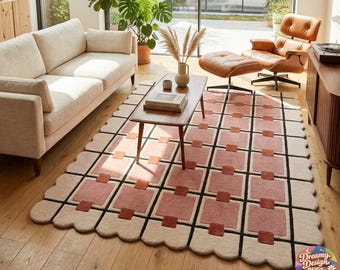 Modern Geometric Tufted Area Rug Pink Cream Scandinavian Living Room Carpet