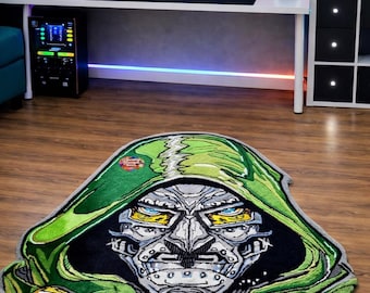 Handmade Hooded Mask Rug – Green Art Carpet, Gamer Decor