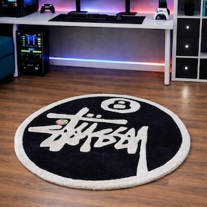 Alfombra de estilo urbano con mechones hechos a mano, de felpa, redonda, color blanco y negro, para decoración de suelo.