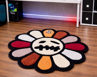 Hand Tufted Skull Flower Rug Plush Gothic Floral Floor Decor