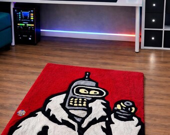 Alfombra de robot con mechones hechos a mano: arte de personajes de dibujos animados, alfombra con detalles en rojo