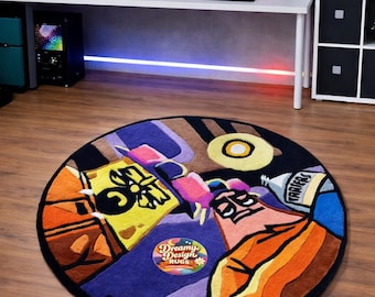 Hand Tufted Abstract Round Rug Colorful Modern Art Statement Floor Decor