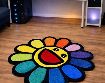 Smiling Flower Tufted Rug Colorful Shaped Area Floor Decor