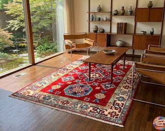 Hand Knotted Wool Rug Red Tribal Kazakh Style Living Room Area Rug