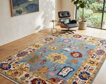 Hand Knotted Wool Area Rug Colorful Abstract Tribal Living Room Carpet