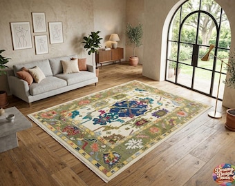 Hand Knotted Floral Wool Rug Vintage Style Large Area Rug Living Room Decor