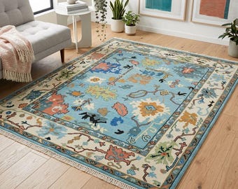 Hand Knotted Wool Rug Light Blue Floral Area Rug Modern Persian Style Decor