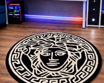 Hand Tufted Medusa Face Rug Plush Black White Mythology Floor Decor