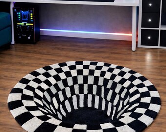 Hand Tufted Optical Illusion Rug Black White Checkered Round Floor Decor