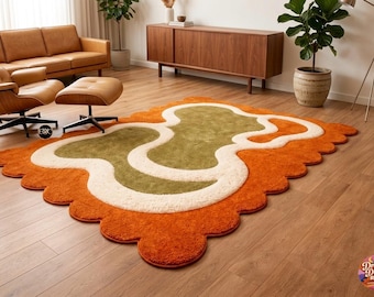 Abstract Organic Tufted Area Rug Orange Green Scandinavian Modern Statement Carpet