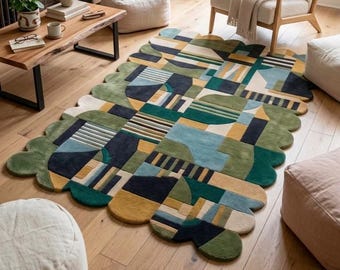 Geometric Patchwork Tufted Area Rug Green Abstract Scandinavian Modern Carpet